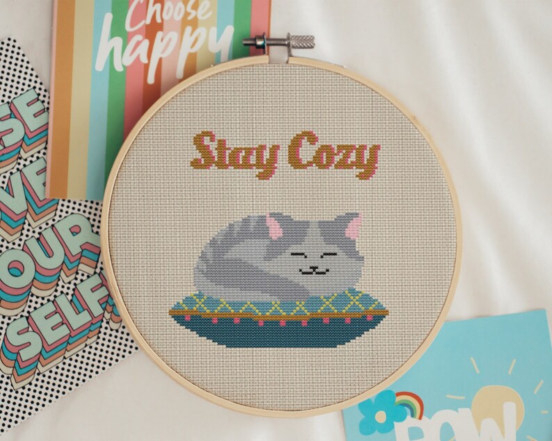 Stay Cozy – Cat on a Pillow Modern Cute Cross Stitch Pattern
