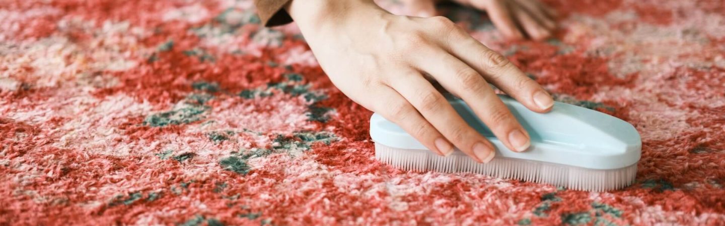 A woman cleans a red carpet using a white brush